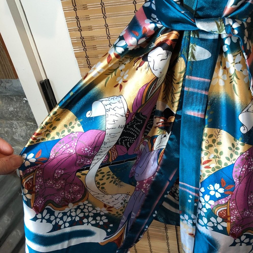 Silky Teal Floral Kimono Robe - Women Intimates & Sleepwear - Picture 6 of 11